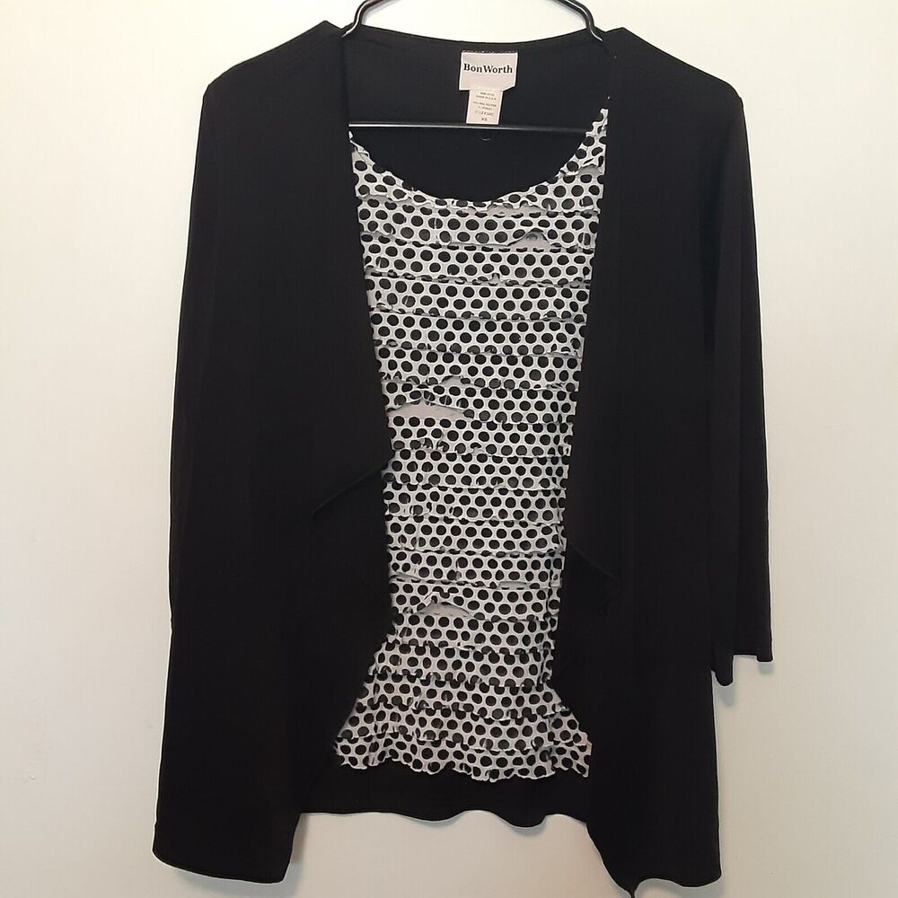 BonWorth Womans XS Black White Polka Dot 3/4 Sleeve Blouse Made In USA